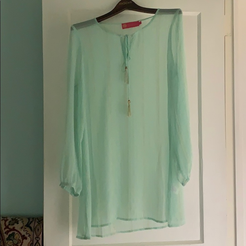 Green and gold see thru shirt or swimsuit coverup.